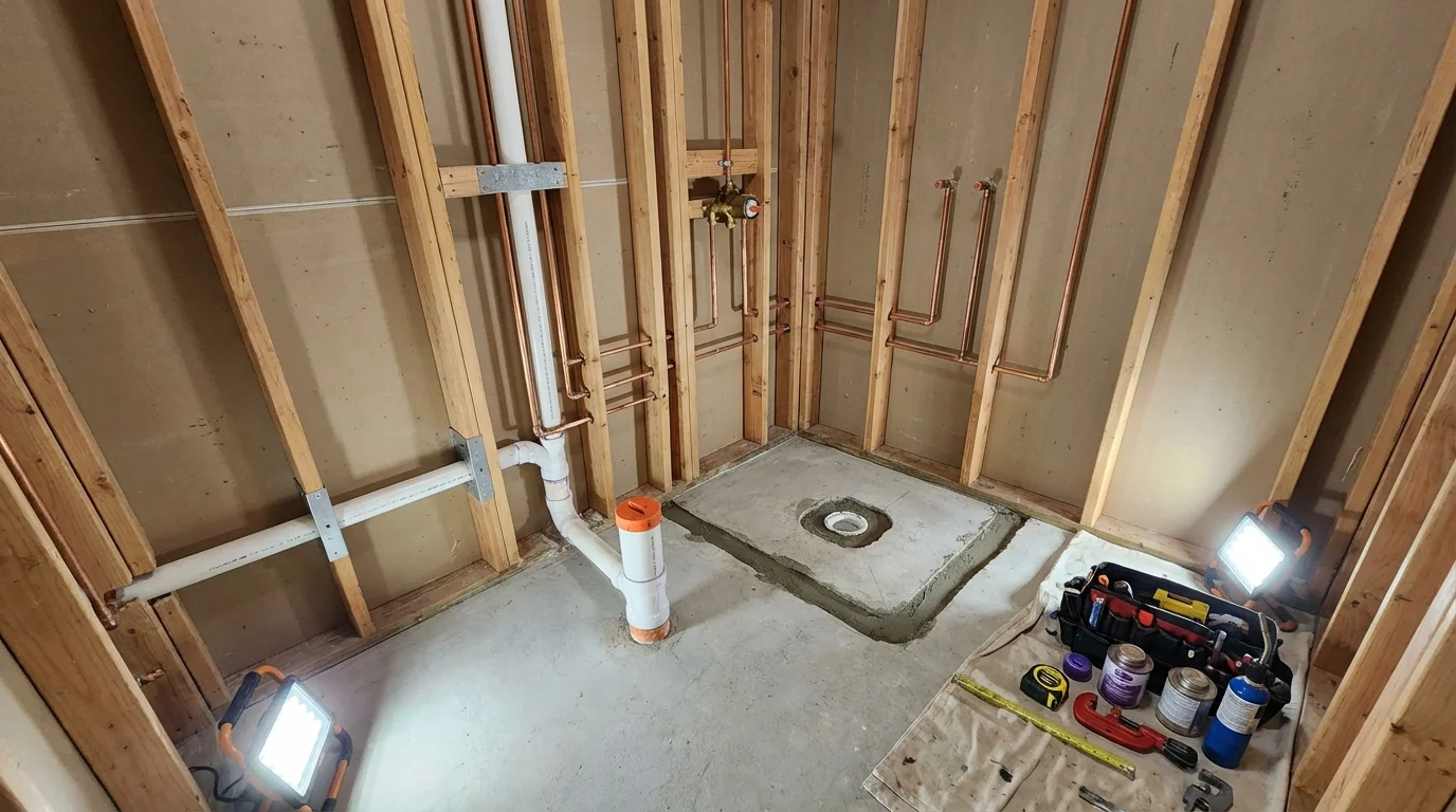 Bathroom rough-in plumbing during remodel by Johns Plumbing LLC in Callahan