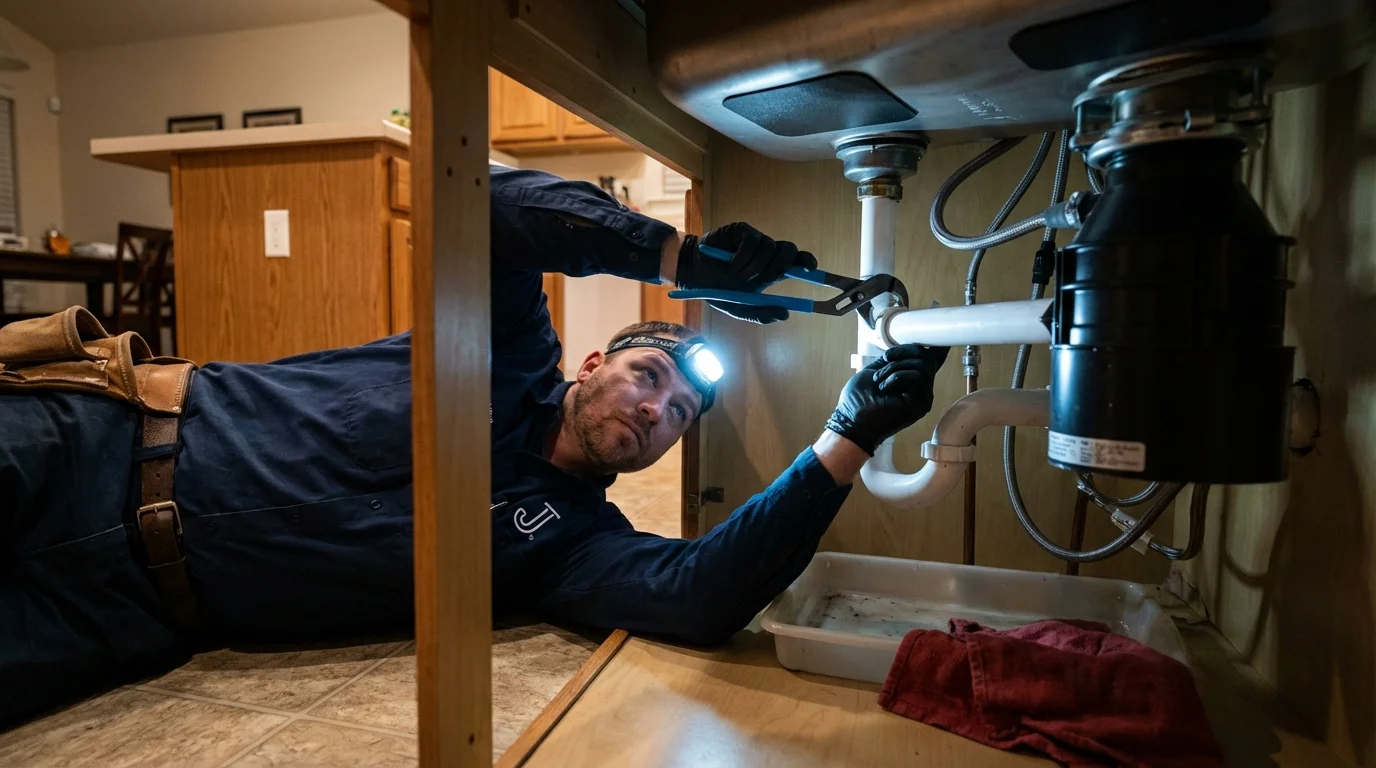 P-trap and supply line connections under a kitchen sink showing a common leak point in Callahan, FL